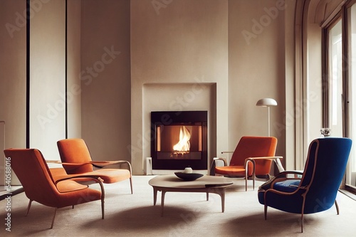 Photo Beautiful living room interior with fireplace and armchairs