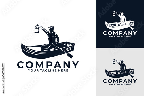 fisher man logo silhouette, fishing boat design template