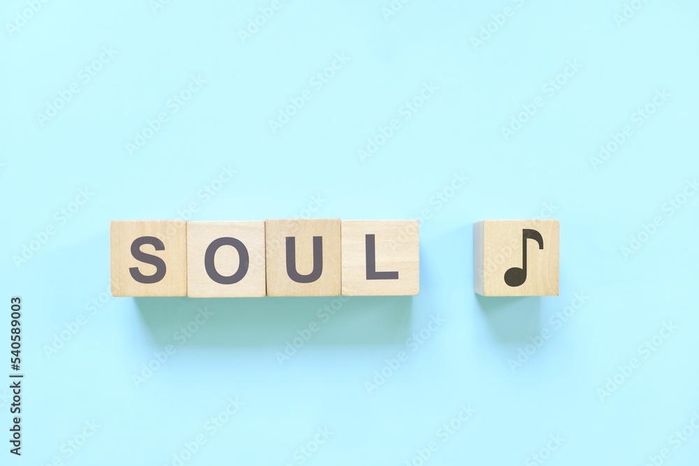 Soul music genre or style concept. Creative flat lay typography composition in blue background. Soul music genre or style concept. Creative flat lay typography composition in blue background.