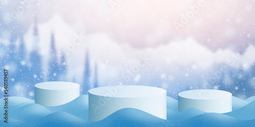 Product podiums in a snowdrift against the backdrop of the winter landscape, Christmas sales