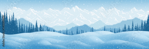 Winter mountain landscape, snow drifts and trees, it snows, vector illustration
