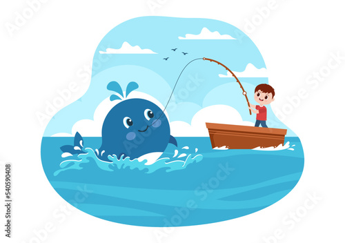 Whale Hunting with Whale and Cute Little Kid in the Middle of the Deep Sea for Sale in Hand Drawn Flat Cartoon Templates Illustration