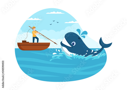Whale Hunting with Whales Caught by Fisherman in the Middle of the Deep Sea for Sale in Hand Drawn Flat Cartoon Templates Illustration