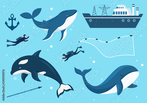 Whale Hunting with Whales Caught by Fisherman in the Middle of the Deep Sea for Sale in Hand Drawn Flat Cartoon Templates Illustration