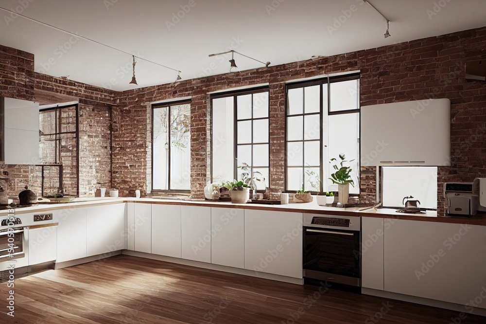 Interior of stylish kitchen with white and brick walls, wooden floor ...