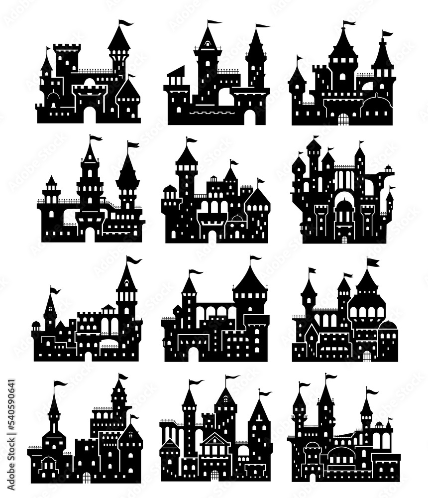 Antique castle black silhouette set vector illustration. Medieval fairytale house of king