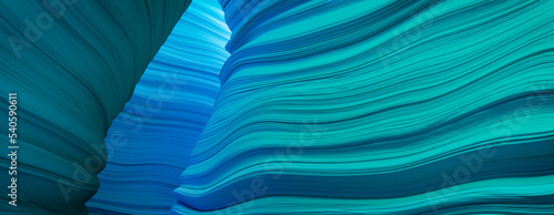 3D Rendered Cave with Blue and Turquoise Wavy Surfaces. photo