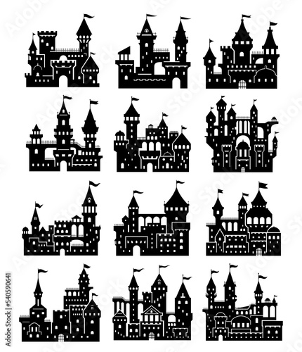 Antique castle black silhouette set vector illustration. Medieval fairytale house of king