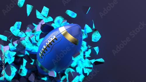 Gold-Blue American Foot ball on cracked blue illuminated dark blue wall under black-white background. 3D illustration. 3D high quality rendering. 3D CG.