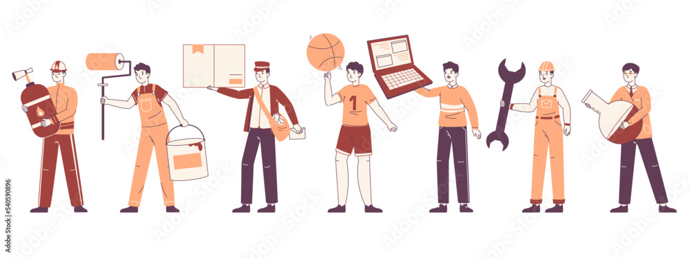 People professions, different male occupations. Postman, fireman, house painter and sportsman characters flat vector illustration set. Linear workers collection
