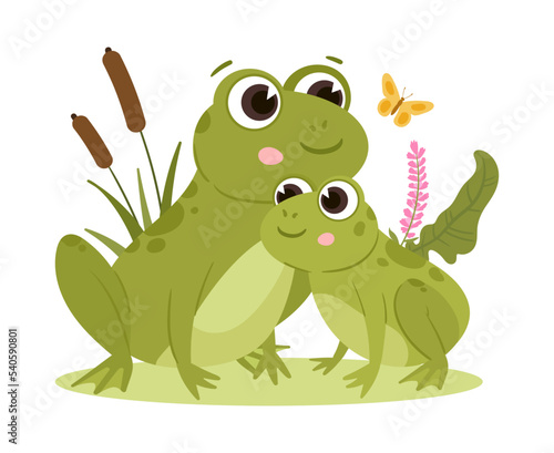 Cartoon frogs, green amphibian mom and baby. Cute froggy in natural habitat, water animals with pond reeds flat vector illustrations. Green frogs family