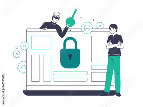 Hacker attack, cyber security breach, scam phishing. Outline internet cyber crime, personal data protection flat vector illustration. Internet cyber attack scene
