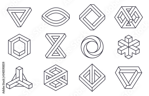 Impossible geometric shapes, unreal line figures elements. Visual optical illusion symbols, abstract delusion forms flat vector illustrations set. Optical illusion shapes collection