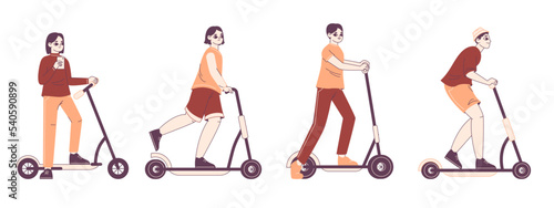 People ride kick scooters, eco friendly transport passengers. Electric eco vehicles, outline men and women riding modern transportation flat vector illustration set. Kick scooter riders