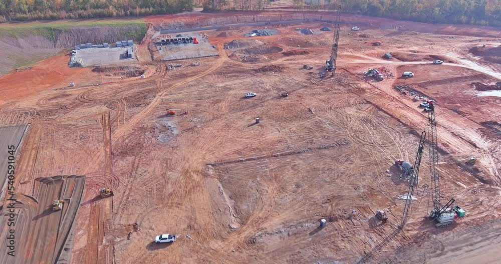 Truck mounted pump is used during foundation works on construction site