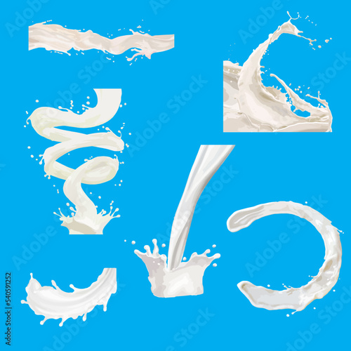 Set of realistic milk splashes of various shape with drops vector illustration