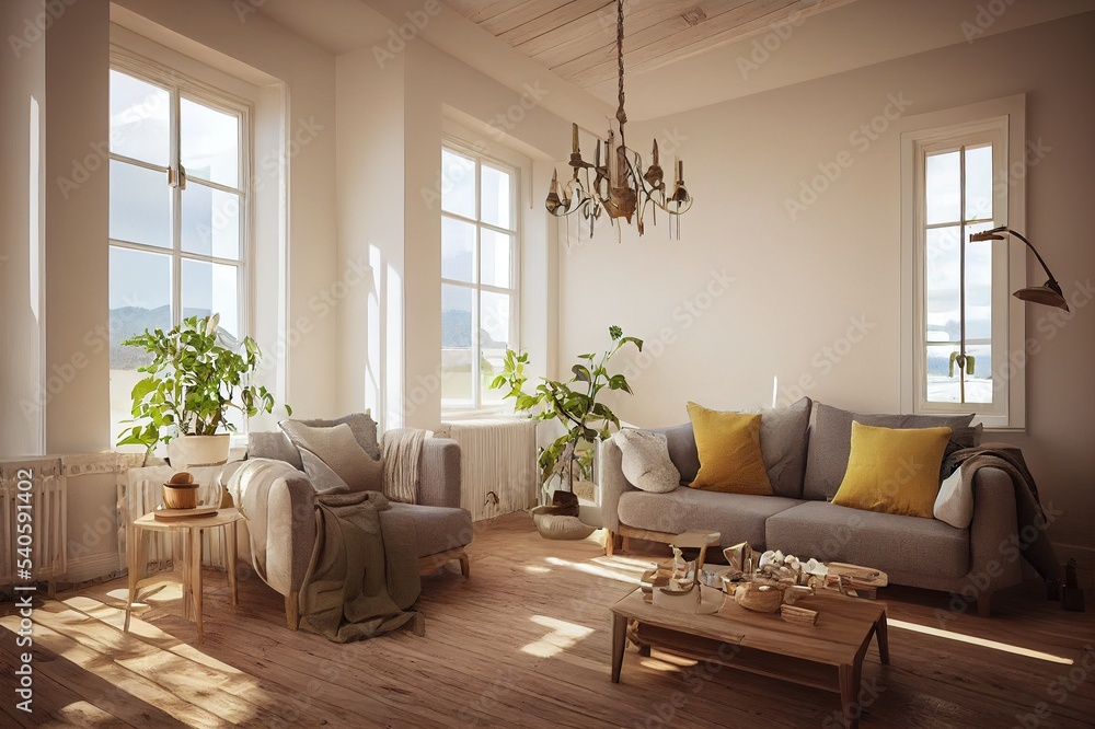 Fototapeta premium Scandinavian farmhouse living room interior, wall mockup, 3d render