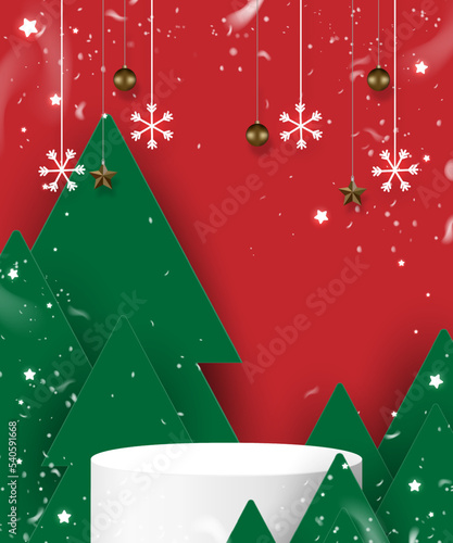 Stage podium decorated with Christmas tree, snow, snowflakes, star, and Christmas balls. Christmas background. Vector illustration.
