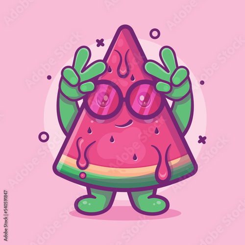funny watermelon fruit character mascot with peace sign hand gesture isolated cartoon in flat style design 