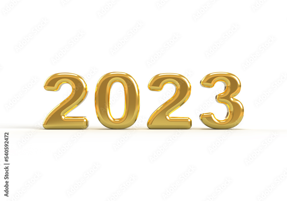 Gold metallic 2023 new year 3d rendering luxury illustration isolated on a white background. Gold metallic 2023 new year 3d rendering luxury illustration isolated on a white background.