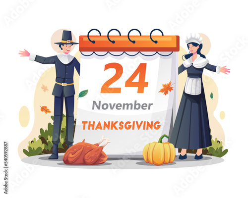 The happy young man and a woman in pilgrims costume are welcoming thanksgiving day on 24th November. Vector illustration