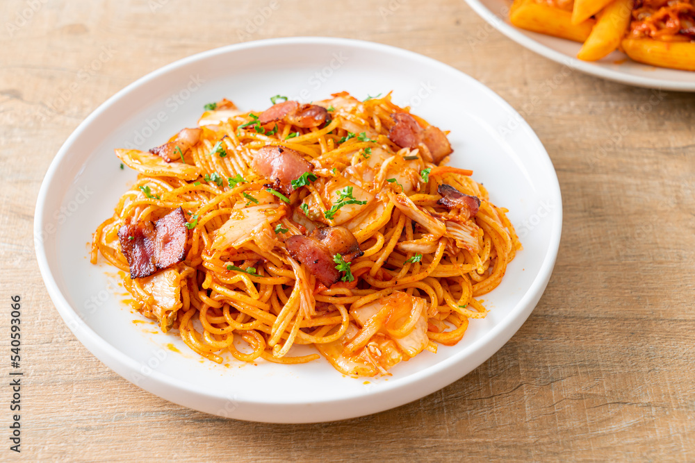 stir-fried spaghetti with kimchi and bacon stir-fried spaghetti with kimchi and bacon