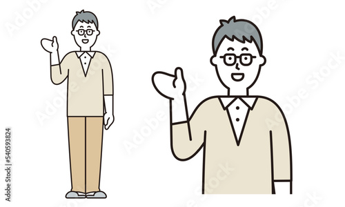 手の平をみせて何かを伝えるポーズをするお父さんのイラスト素材。