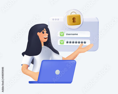 3D render Create new password isolated cartoon illustration. 3D woman character with laptop creating password, data