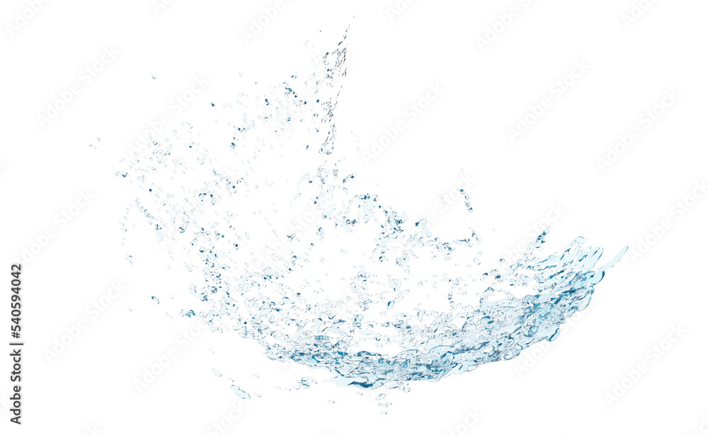 3d clear blue water scattered around, water splash transparent isolated. 3d render illustration - obrazy, fototapety, plakaty 