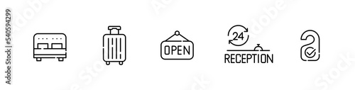 Hotel icons. Double bed, luggage, open sign, 24 hour reception, door knob sign. Pixel perfect, editable stroke