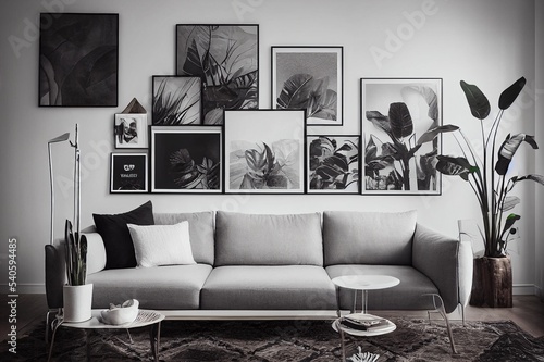 Domestic interior of living room with design sofa, mock up poster frames, a lot of plants, coffee table, room screen and elegant personal accessoreis in modern home decor. Template. photo