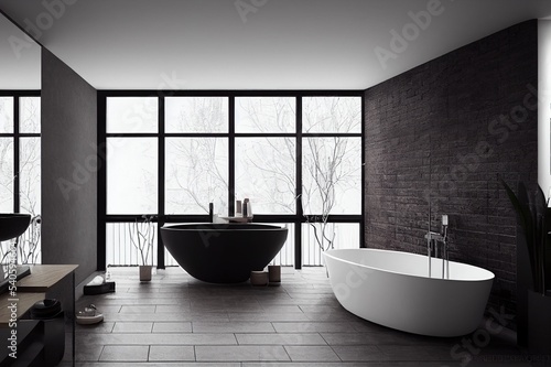 Minimalistic bathroom interior with brick walls  tiled floor  black bathtub with round mirror hanging above it and wooden shelves for towels to the left. 3d rendering