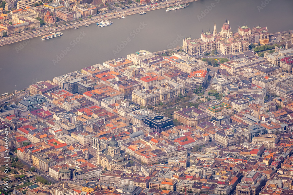Parliament building and Budapest cityscape from the air, Hungary
