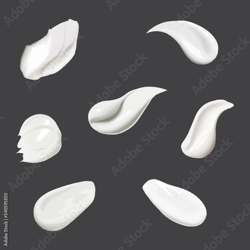 Vector realistic set of smears of cosmetic white cream for skin of different shapes and sizes isolated on background, top view