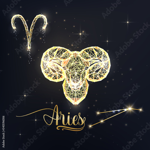 Gold Aries zodiac sign poster with ram zodiac figure, symbol glyphs, constellation and zodiac name