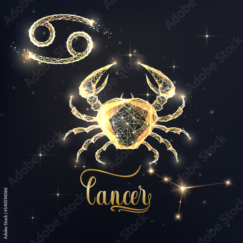 Gold Cancer zodiac sign poster with crab zodiac figure, symbol glyphs, constellation and zodiac name
