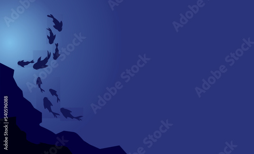 Deep ocean background with blue salt water and fish silhouette