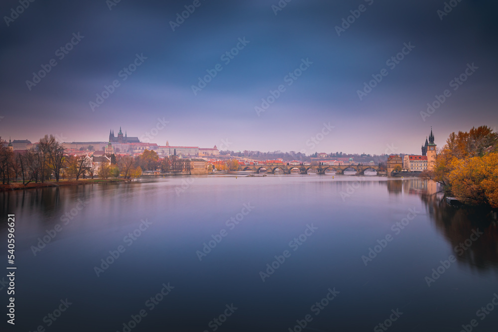 Charles bridge and Vltava river at evening, Medieval Prague, Czech Republic