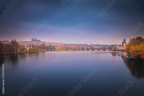 Charles bridge and Vltava river at evening  Medieval Prague  Czech Republic