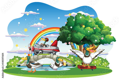 Happy duck group in nature scene