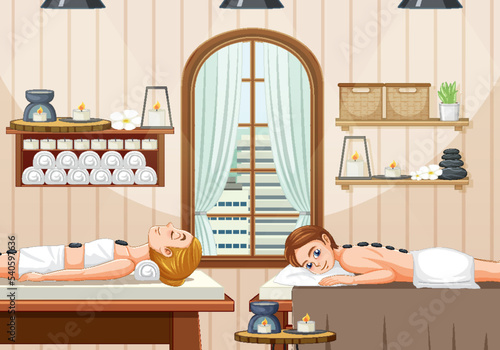 Woman gets stone massage in spa scene