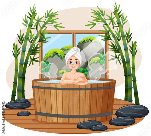 Woman in wooden hot tub spa