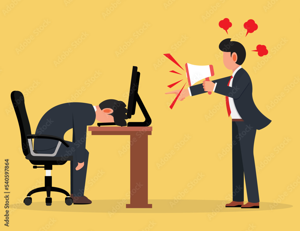 Fatigue and pressure from work. An annoyed manager yells at employees using a megaphone.