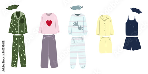 Set of pajama set, shirt, pants and sleep mask isolated on white background.
Vector illustration photo