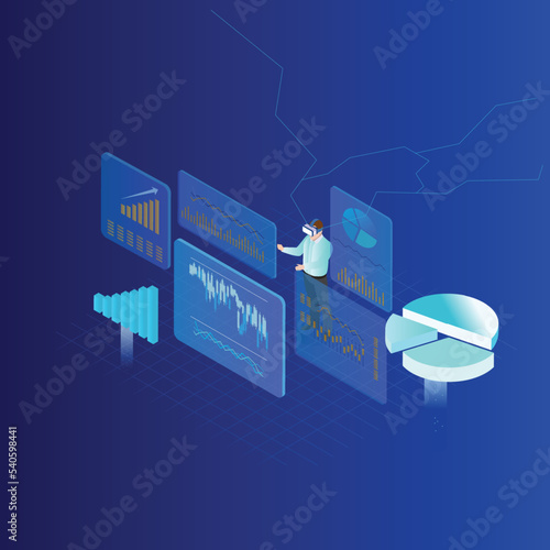 Future stock trader trading in metaverse isometric 3d vector concept for banner, website, illustration, landing page, flyer, etc.