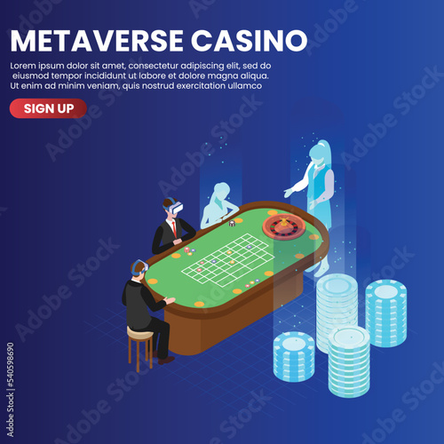 Playing roulette in metaverse casino isometric 3d vector concept for banner, website, illustration, landing page, flyer, etc.