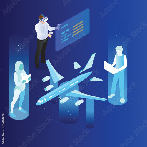 Metaverse engineering designing an aeroplane isometric 3d vector concept for banner, website, illustration, landing page, flyer, etc.