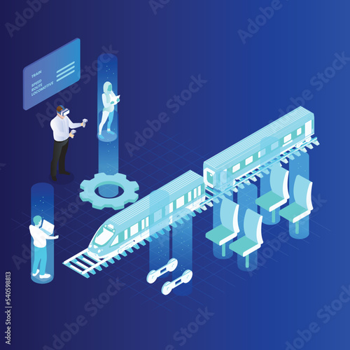 Man designing a train in metaverse world. isometric 3d vector concept for banner, website, illustration, landing page, flyer, etc.