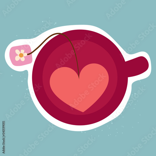 Doodle teacup with heart shape tea bag and tag. Isolated vector sticker with pink cup on white