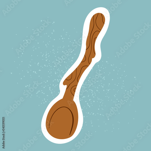 Isolated wooden spoon in doodle style. Vector cartoon sticker of cutlery